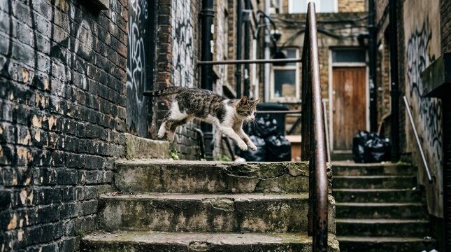Cat jumps across concrete steps in a graffiti filled urban alleyway