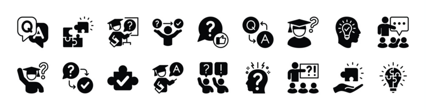Problem solving icon vector set. Contains question and answer, puzzle, creative idea, planning strategy, question, brainstorm, solution, communication speech bubble, presentation - illustration