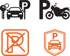 Naklejka premium Vector parking icons set with car motorcycle key no parking sign and secure parking shield