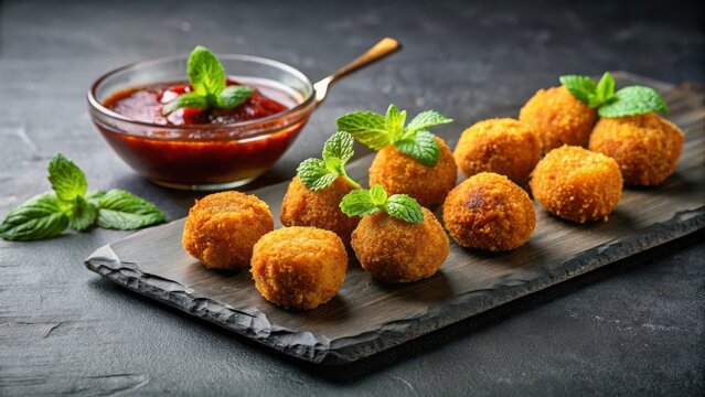 Lamb croquettes on a slate platter with a dollop of mint jelly
