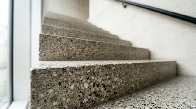 A close up view shows terrazzo stairs along a white wall.