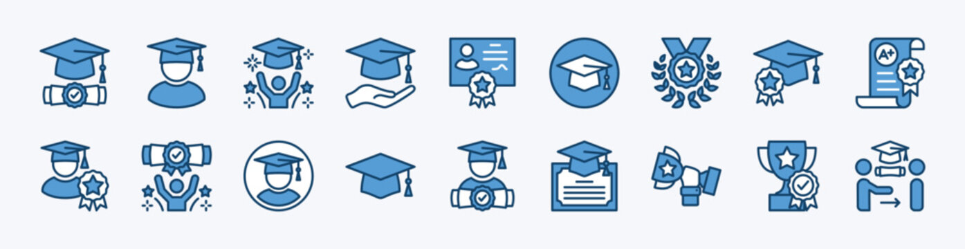 Set of graduation cap icon. Contains mortarboard, diploma, academic, college, graduate, success, achievement, university, school, student, ceremony, celebration, trophy, medal - vector illustrion