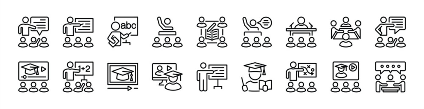 Training and coaching line icon set. Contains learning, workshop, presentation, conference, mentor, meeting, seminar, teaching, online education course, consulting, discussion - vector illustration