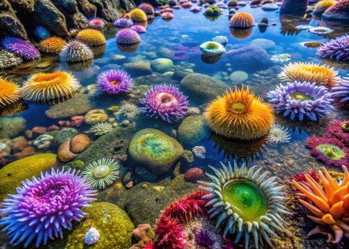 Colorful sea anemones and mussels in a shallow tide pool on a rocky beach at low tide