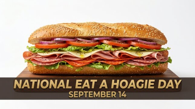 National Eat a Hoagie Day celebration with stacked sandwich. Giant sub hero on festive banner for food holiday promotions.