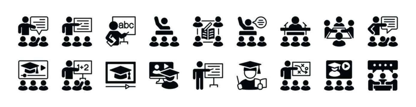 Training and coaching icon vector set. Contains workshop, presentation, conference, mentor, learning, meeting, seminar, teaching, online education course, consulting, discussion - illustration