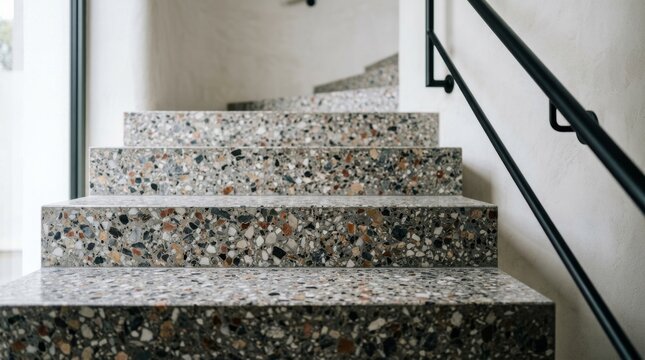 A terrazzo staircase with a black handrail stands in a bright white stairwell.