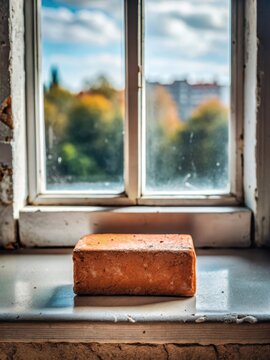 A single brick sitting on a windowsill
