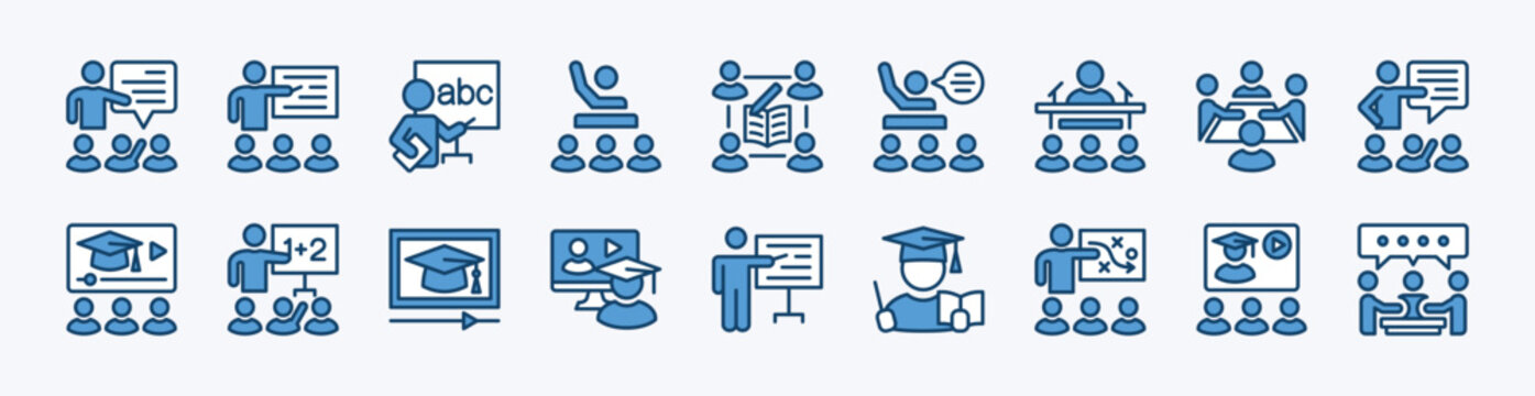 Set of training and coaching icon. Contains workshop, conference, presentation, seminar, teaching, mentor, learning, meeting, online education course, consulting, discussion - vector illustration