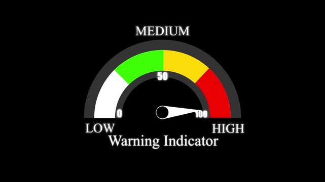 A graphical warning indicator featuring a needle pointing to the middle section with color coded segments on a solid black background
