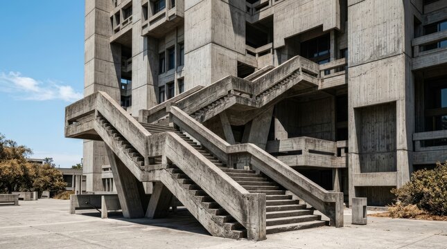 Concrete exterior staircases wrap around a brutalist building facade with many levels