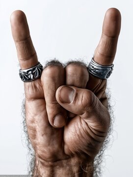 Hand making a rock and roll gesture with two raised fingers, silver rings, and hairy wrist on a white background.