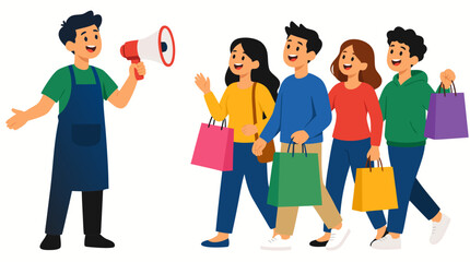 Fototapeta premium Smiling Shopkeeper Holding Megaphone Promoting Retail Sale to Happy Customers Carrying Shopping Bags, Flat Vector Illustration of Commerce, Marketing, Consumerism and Retail Business