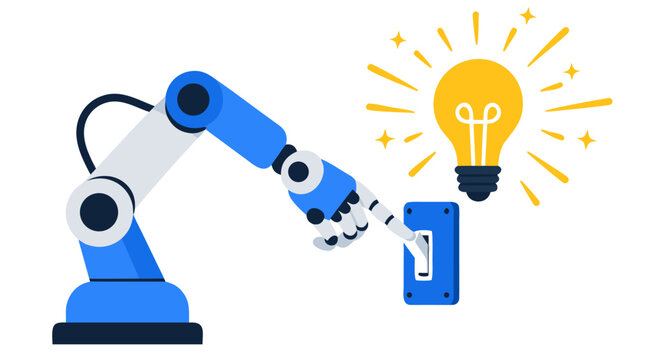 Friendly Blue Robotic Arm Flipping a Light Switch Beside a Radiant Glowing Idea Lightbulb, Innovation Metaphor for Automation, Creative Technology and Smart Business Solutions Flat Design Vector