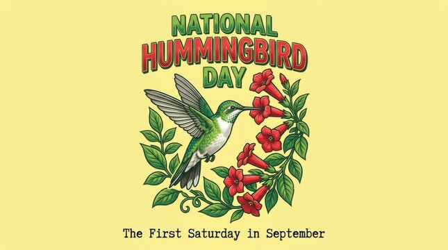National Nurses Day celebration poster with floral wreath and stethoscope. Healthcare appreciation banner featuring hummingbird and red flowers for...