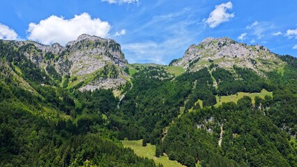 Obraz premium Rugged Swiss Alpine Peaks Above Lush Mountain Forest