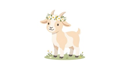 Fototapeta premium Charming flat vector of a small goat standing wearing a delicate flower crown of daisies, soft cream and white fur texture in flat colour blocks, white background, no text, no brand, cottagecore farm 