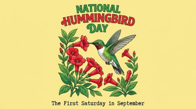 National Running Day badge with hummingbird and flowers. Celebratory fitness event emblem for first Wednesday in June.