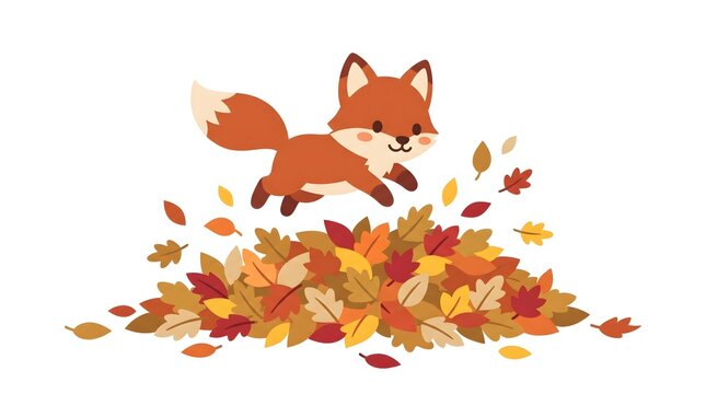 Charming flat vector of a small fox character jumping playfully into a pile of fallen autumn leaves, warm rust orange fur and golden brown leaves in flat colour blocks, white background, no text, no b