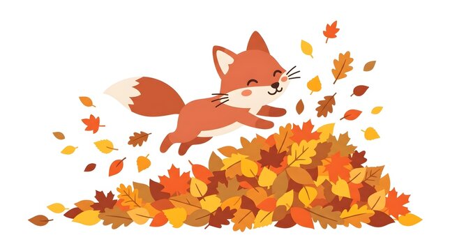 Charming flat vector of a small fox character jumping playfully into a pile of fallen autumn leaves, warm rust orange fur and golden brown leaves in flat colour blocks, white background, no text, no b