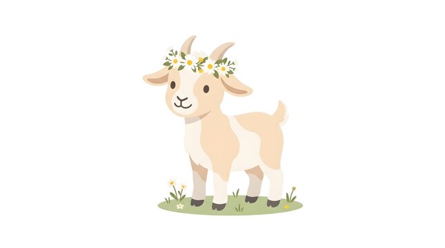 Charming flat vector of a small goat standing wearing a delicate flower crown of daisies, soft cream and white fur texture in flat colour blocks, white background, no text, no brand, cottagecore farm 