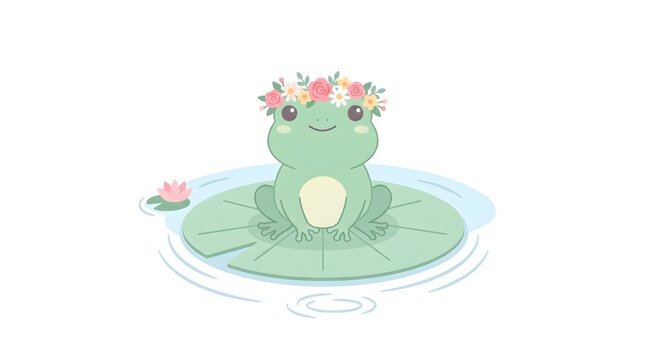 Charming flat vector of a small green frog sitting on a lily pad wearing a tiny flower crown, soft pastel green and pink palette, gentle rounded shapes, white background, no text, no brand, whimsical 
