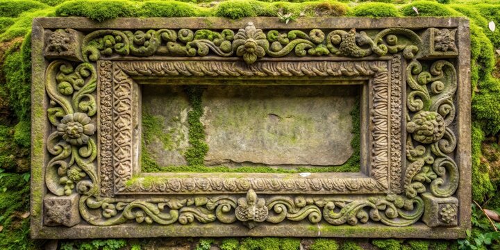 Ancient stone frame with intricate carvings and moss growth