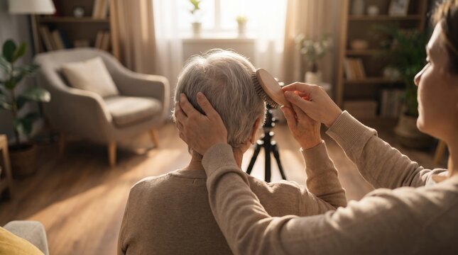 Caring woman brushing elderly person's hair in cozy living room