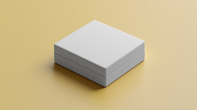 Isometric view of a square white gift box on soft yellow background studio shot