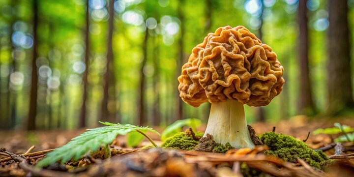 Mushroom growth on forest floor with Gyromitra Esculenta in background