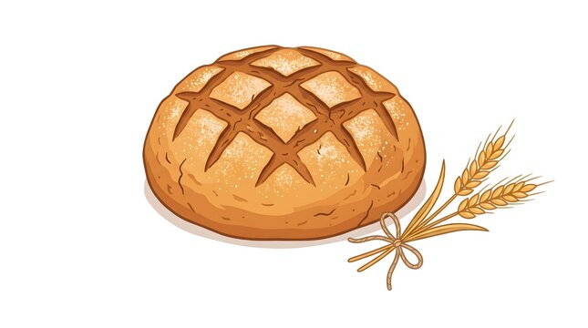 Charming flat vector of a rustic round bread loaf with a scored crisscross crust, a small wheat sprig leaning beside it, warm golden brown and wheat tan palette, white background, no text, no brand, c