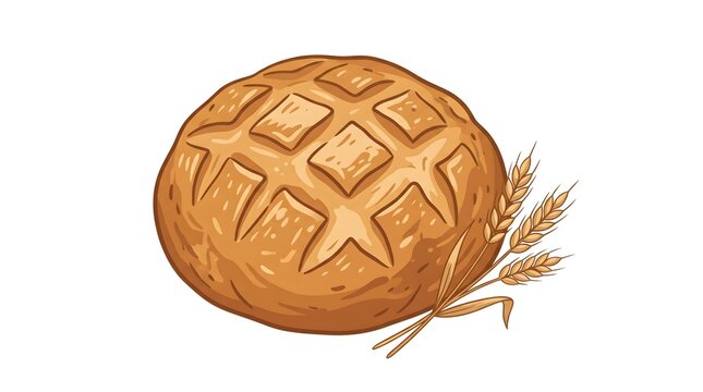 Charming flat vector of a rustic round bread loaf with a scored crisscross crust, a small wheat sprig leaning beside it, warm golden brown and wheat tan palette, white background, no text, no brand, c