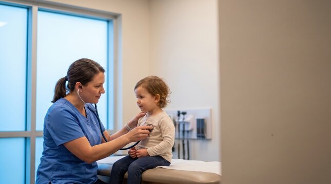 Pediatric nurse examining child with stethoscope in clinic