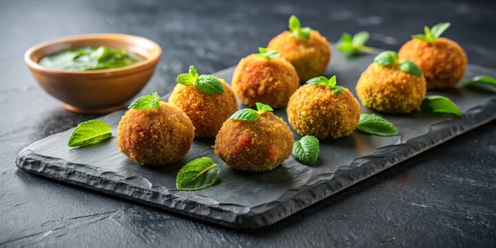 Lamb croquettes on slate platter with mint jelly
