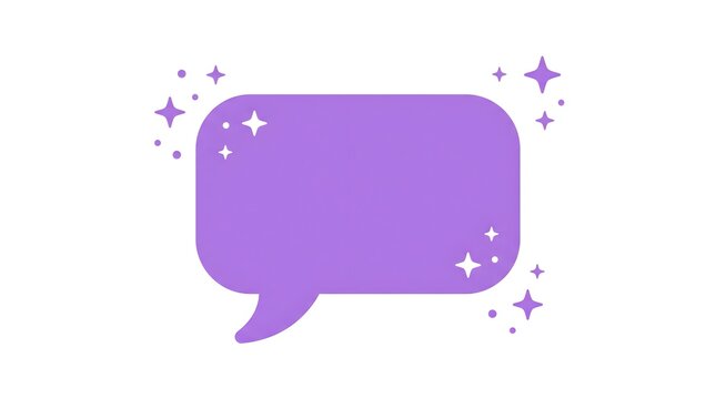 Bold flat vector of a simple rounded speech bubble shape with small sparkle star accents floating around it, vivid lilac and white palette, no text inside bubble, white background, no brand, social me