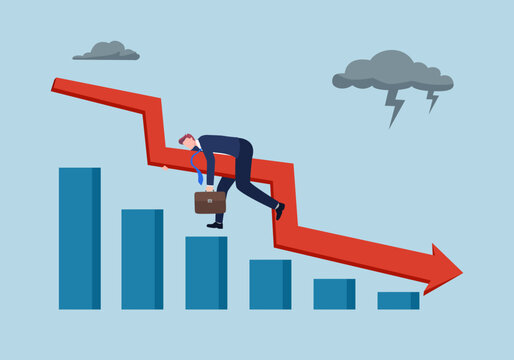 Falling down arrow chart, businessman, money and trophy cup, flat vector illustration. Business failure, collapse, financial problems, bankruptcy, economic crisis.