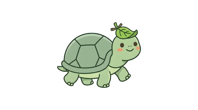 Charming flat vector of a small turtle character wearing a tiny leaf as a hat, soft sage green shell with darker pattern segments, gentle smiling face, white background, no text, no brand, kawaii gard