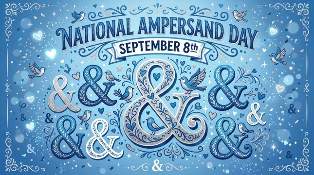 National Ampersand Day celebration poster with decorative typography. Festive September 8 design featuring elegant calligraphy and sparkling elements.