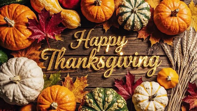 Happy Thanksgiving text with pumpkins and autumn leaves on wood