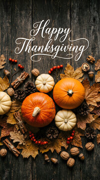 Happy thanksgiving pumpkin and autumn harvest decoration with greenery and berries