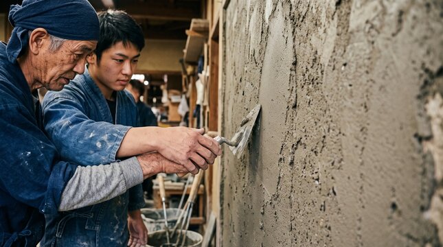 左官職人が若手へ技術を継承する技能研修の風景