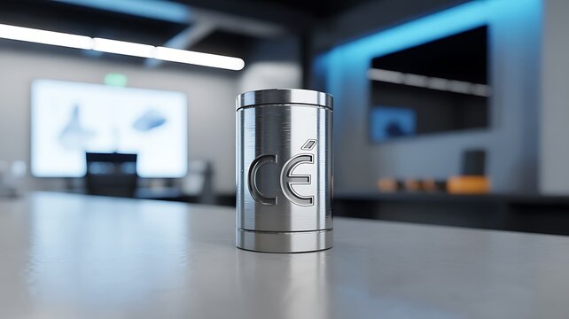 3D render of a metallic electronic component with CE certification mark in tech lab