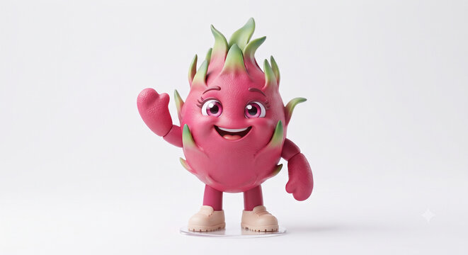 Adorable dragon fruit mascot with friendly smile in high-quality 3D cartoon style isolated on white background.