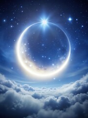 Naklejka premium A crescent moon shines brightly in the night sky with a halo of soft white light surrounding it