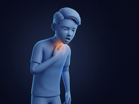 3D cartoon of a young man with a sore throat