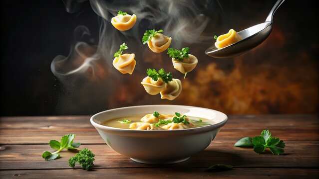 Steaming hot soup with tender tortellini suspended in mid-air