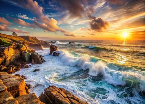 Ocean waves crashing against a rugged coastline at sunset