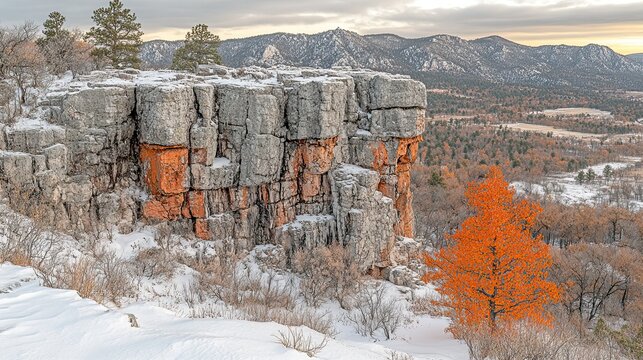 Majestic winter scene showcases colorful cliffs and snowy landscape on a cloudy day