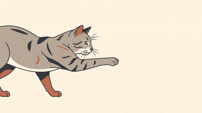 獲物を狙って前足を伸ばすキジトラ猫のフラットイラスト