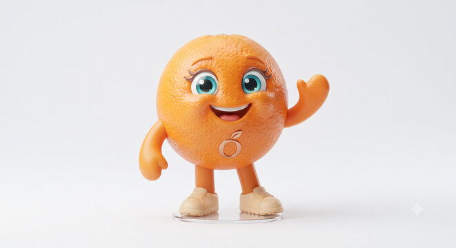 Cute orange fruit mascot waving in premium 3D cartoon style isolated on white background.